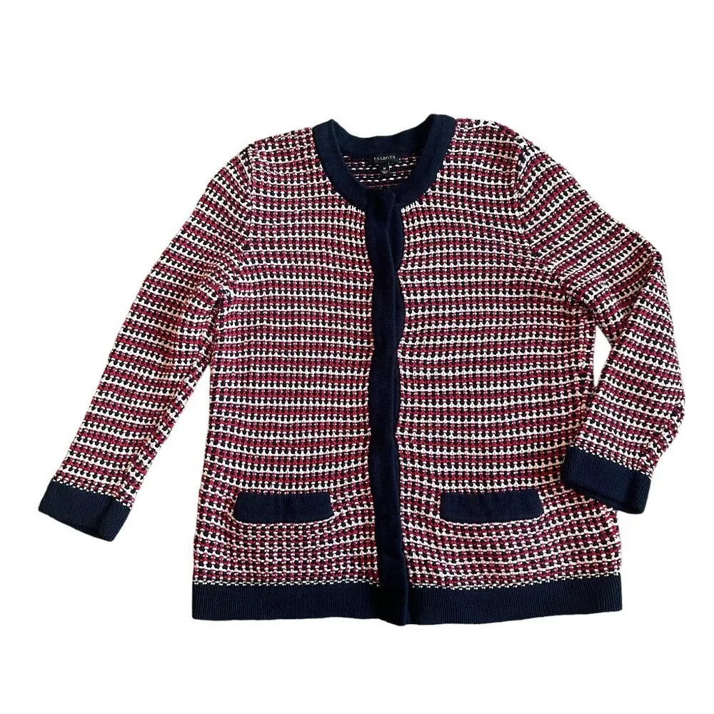 Talbots Navy Red Cardigan Sweater Snap-Down Woven 100% Cotton Size Medium Womens